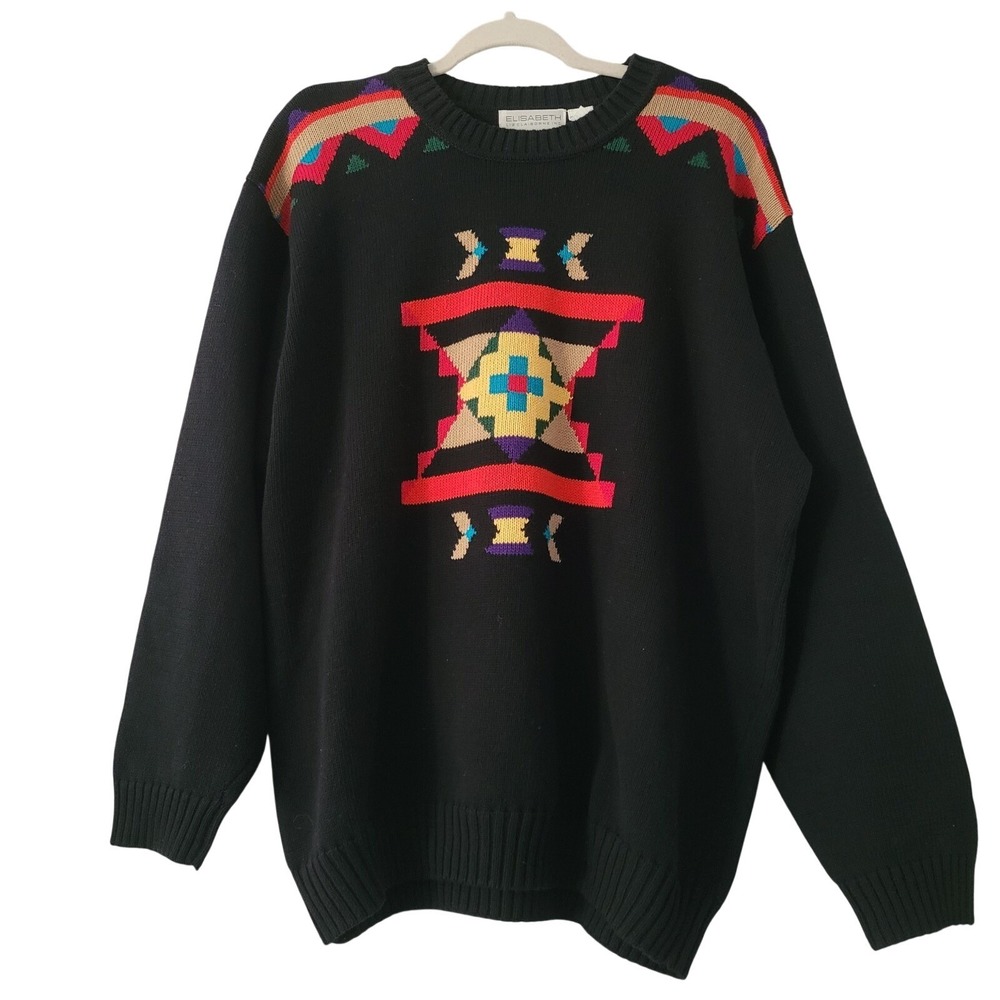 Vtg 80s Elizabeth Liz Claiborne Knit Sweater Sz 2 / XL Black Southwestern Aztec